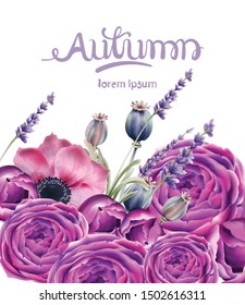 Autumn rose flowers bouquet card vector watercolor. Isolated background. Provence flowers banner