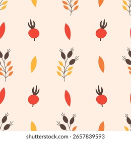Autumn Rose Hip Seamless Pattern. Fall Leaves Branches and Berries. Modern Hand drawn Rustic Woodland Background. Repeat vector illustration in flat style