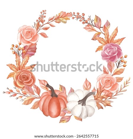 Autumn Rose and Pumpkin Wreath Frame Watercolor Design