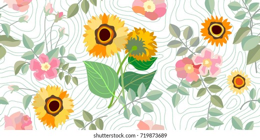 Autumn roses and sunflowers. Seamless vector pattern with blooming flowers and leaves. Vintage textile collection. On white dotted background.