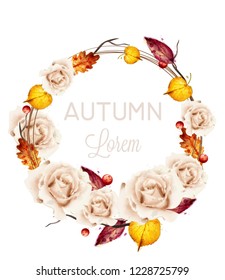 Autumn Roses Wreath Card Watercolor Vector. Fall Floral Design Decorations