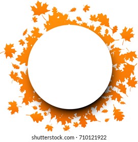 Autumn round background with orange silhouette of leaves. Vector illustration.