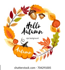 autumn round background with yellow leaves pumpkin and autumn symbols