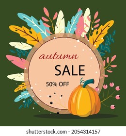 Autumn round banner with pumpkin, leaves and berries. Sale banner. For advertisement, banners, cards, flyers. Vector template.