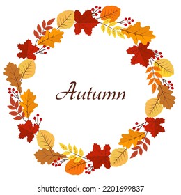 Autumn round botanical wreath with fall leaves and berries. Vector autumn illustration. Hand drawn illustration for poster, prints, cards