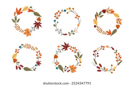 Autumn round botanical wreath with fall leaves, berries, branchlets. Vector autumn illustration. Hand drawn illustration for poster, prints, cards