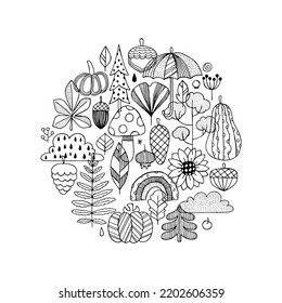 Composición redonda de otoño. Gráfico lineal. Fondo de elementos naturales. Estilo escandinavo. Ilustración vectorial.