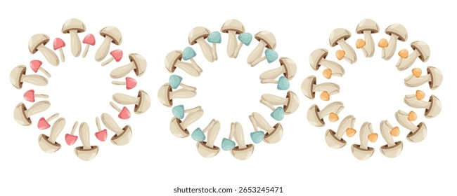 Autumn round composition of mushrooms of various shapes. Decorative round frame of seasonal mushrooms, leaves, bees arranged symmetrically in a circle. Vector flat illustration on a white background.