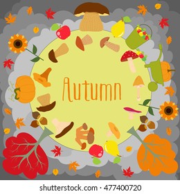 Autumn round with cute leaves, mushrooms, pumpkin and other autumnal design elements.