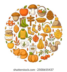 Autumn round design. Cozy seasonal fall elements, food, clothes and animals. Colorful vector flat illustration for greeting card, postcard, invitation, social media, poster, print or sticker