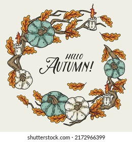 Autumn round design with text area. Halloween october pumpkins and leaves