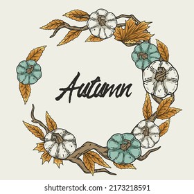 Autumn round design with text area. Halloween october pumpkins and leaves