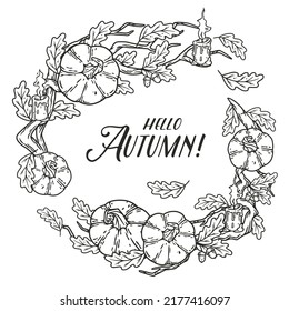 Autumn round design with text area. Halloween october pumpkins and leaves