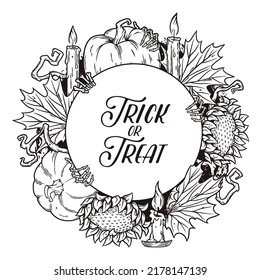 Autumn round design with text area. Halloween october pumpkins and leaves