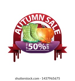 Autumn, round discount banner for your website with rubber boots and pumpkin