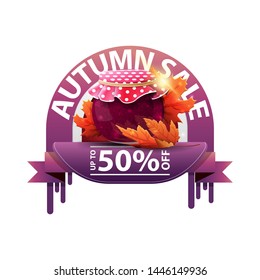 Autumn, round discount banner for your website with jar of jam and maple leaves