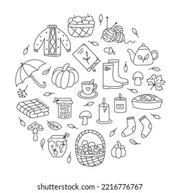 Autumn round doodle emblem. Fall concept. Ideal for coloring books, stamps, invitations and others. Outline vector 