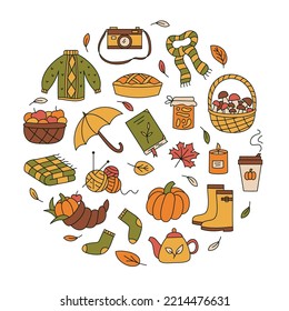 Autumn round emblem with colorful doodle elements. Perfect for postcards, invitations and seasonal decorations. Cartoon style. Vector illustration.