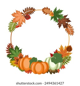 autumn round frame, a lot of bright fallen leaves, pumpkins and rowan berries in border with a empty center. colorful vector illustration on an autumn theme