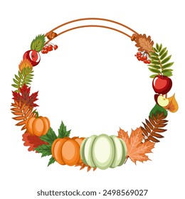 autumn round frame, a lot of bright fallen leaves, ripe pumpkins, red apples and rowan berries in border with a empty center. colorful vector illustration on an autumn theme