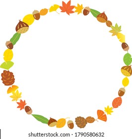 Autumn round frame of chestnuts, acorns, and colored leaves