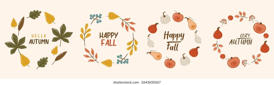 Autumn round frame collection, autumn cozy set, design for posters, banner, greeting cards, stickers