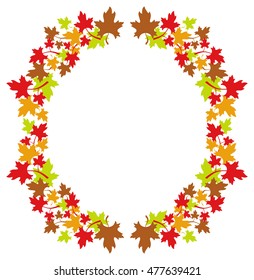 Autumn round frame with colorful maple leaves. Vector clip art.