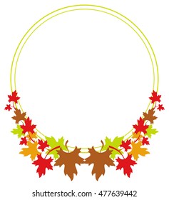 Autumn round frame with colorful maple leaves. Vector clip art.