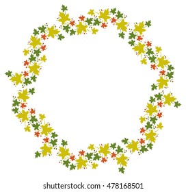 Autumn round frame with colorful maple leaves. Vector clip art.