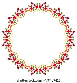 Autumn round frame with colorful maple leaves. Vector clip art.