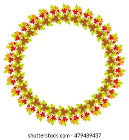 Autumn round frame with colorful maple leaves. Vector clip art.