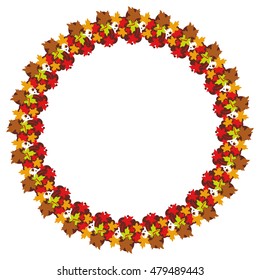 Autumn round frame with colorful maple leaves. Vector clip art.