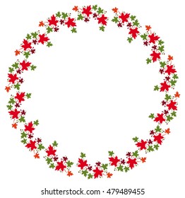 Autumn round frame with colorful maple leaves. Vector clip art.