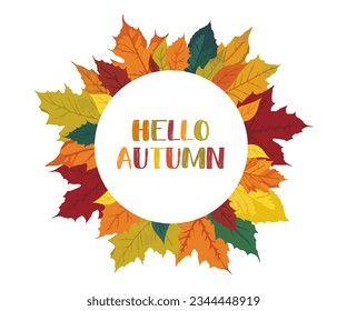 Autumn round frame with fallen leaves of vibrant colors, editable circle sale banner or postcard on white background