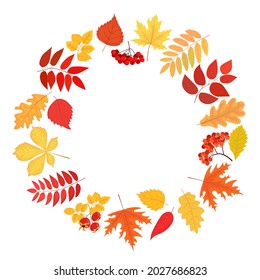 Autumn round frame, garland, wreath or border of colored fallen leaves and berries. Concept of natural decorative background of leaf fall in modern flat cartoon style. Isolated vector illustration