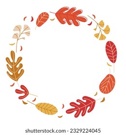 Autumn round frame with hand drawn autumnal leaves sketch isolated on white background. Fall wreath with copy space for date, text. For invitation, birthday card, sticker, poster, gifts design.