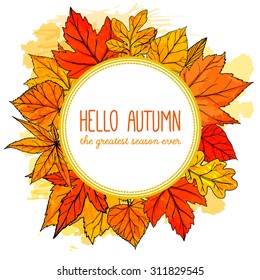 Autumn round frame with hand drawn golden leaves. Hello autumn banner. Vector fall design for advertisement, greeting cards and social media content.