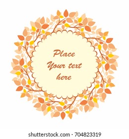 Autumn round frame with image of branches and leaves. Vector background.
