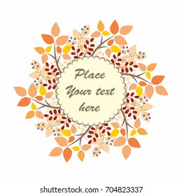 Autumn round frame with image of branches and leaves. Vector background.