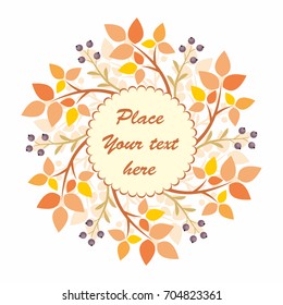 Autumn round frame with image of branches and leaves. Vector background.