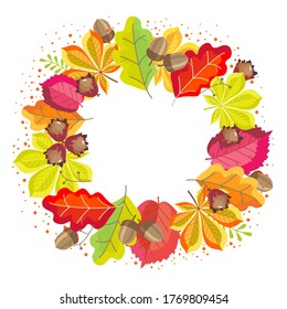 Autumn round frame with an inscription with bright yellow-red leaves of chestnut, oak, hazelnut, hazelnut fruit, acorns. Botanical vector flat illustration on white background.