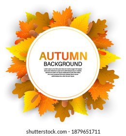 Marco redondo de otoño a partir de hojas.Borde multicolor sobre fondo blanco aislado.Plantilla para invitaciones, felicitaciones, celebraciones.Ilustración decorativa vectorial.