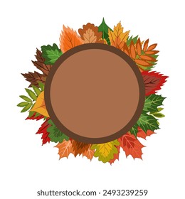 autumn round frame, lots of bright fallen leaves and rowan berries framed with an empty center. isolated autumn wreath on a white background. colorful vector illustration on an autumn theme