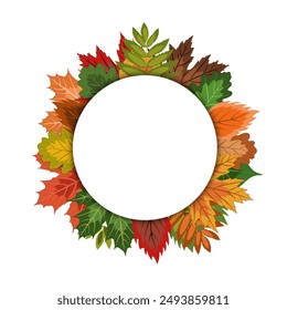 autumn round frame, lots of bright fallen leaves and rowan berries framed with an empty center. isolated autumn wreath on a white background. colorful vector illustration on an autumn theme