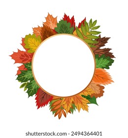 autumn round frame, lots of bright fallen leaves and rowan berries framed with an empty center. isolated autumn wreath on a white background. colorful vector illustration on an autumn theme