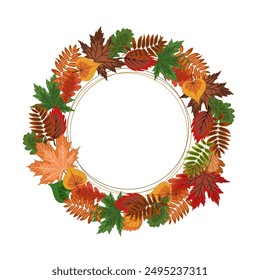 autumn round frame, lots of bright fallen leaves framed with an empty center. isolated autumn wreath on a white background. colorful vector illustration on an autumn theme