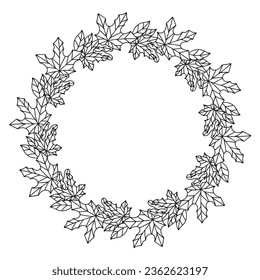 Autumn round frame made of fallen leaves. Banner template, postcard with place for text or photo. Illustration in doodle style. Vector illustration