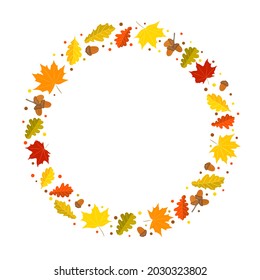Marco redondo otoñal hecho de follaje dibujado a mano. Hojas amarillas y naranjas de arce y roble, bellotas de roble. Plantilla o en blanco para la decoración de otoño. Ilustración vectorial.