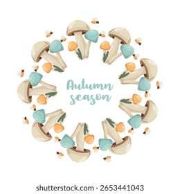 Autumn round frame with mushrooms. Autumn flyer. Autumn elements. Autumn interior design poster, end of season promo template. Vector illustration.