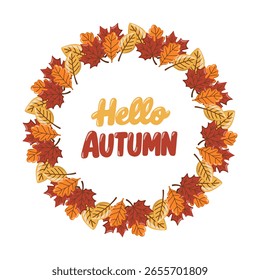 Quadro redondo de outono com folhas vermelhas, laranja, amarelas. Estilo de saudação da temporada de outono. Ilustração isolada de vetor